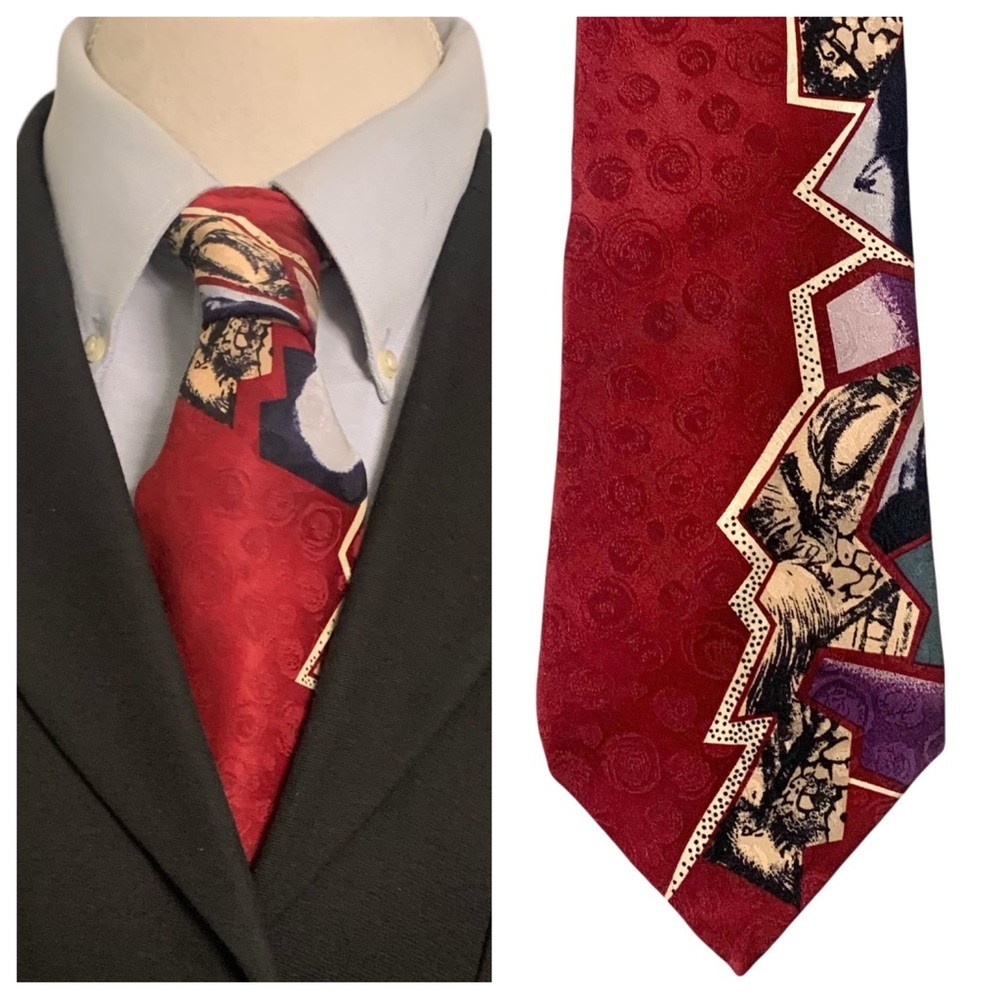 Albert Nipon 100% Silk Men’s Neck Tie Geometric Art Red Multicolored 60” Long